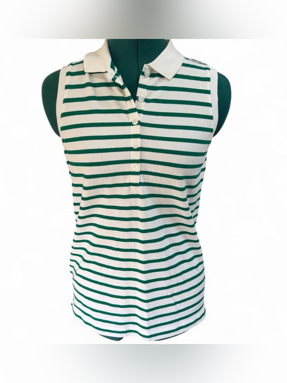 Lands' End Sleeveless Polo Tank - White and Green Stripes
